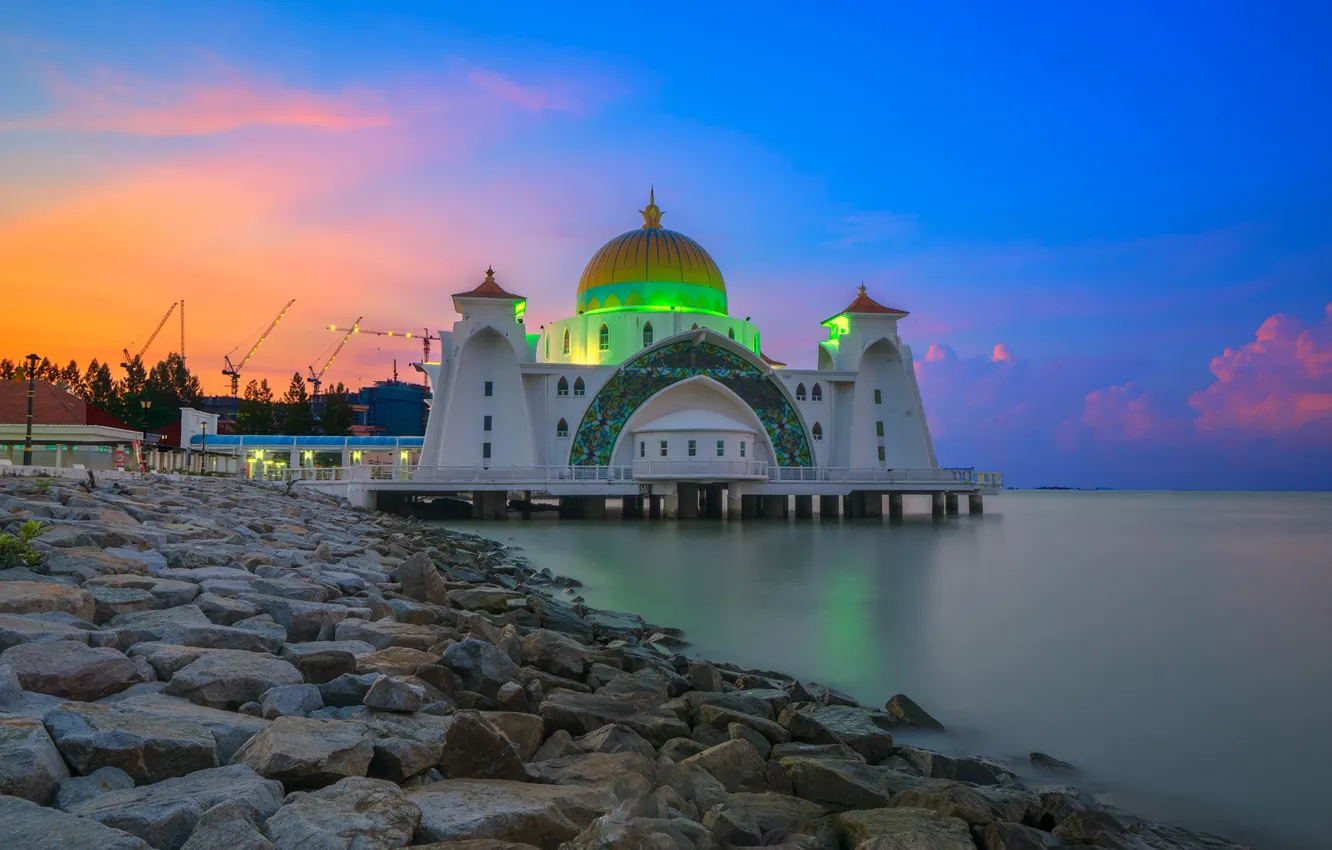 Photo wallpaper night, lights, stones, shore, mosque, Malaysia, Pulau Melaka