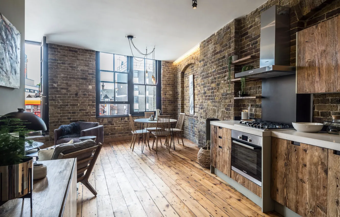 Photo wallpaper design, style, London, interior, living room, London, dining room, brick wall