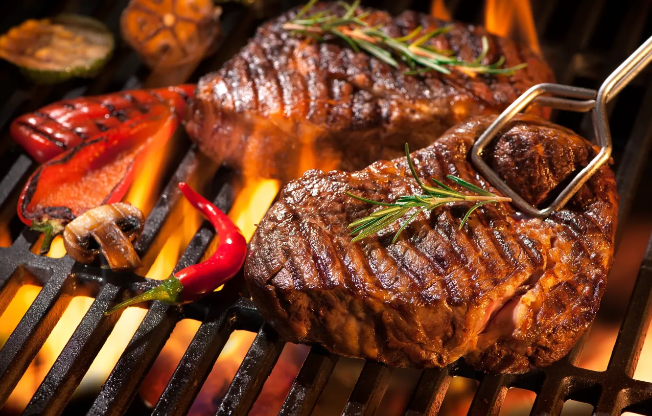Photo wallpaper fire, meat, vegetables, steak, grill