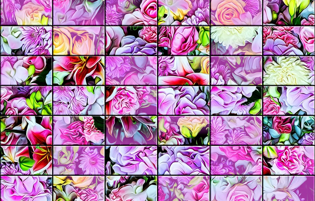 Photo wallpaper background, texture, glass tile, flowers mixed, wall stained glass, pastel and bright colors, floral abstraction