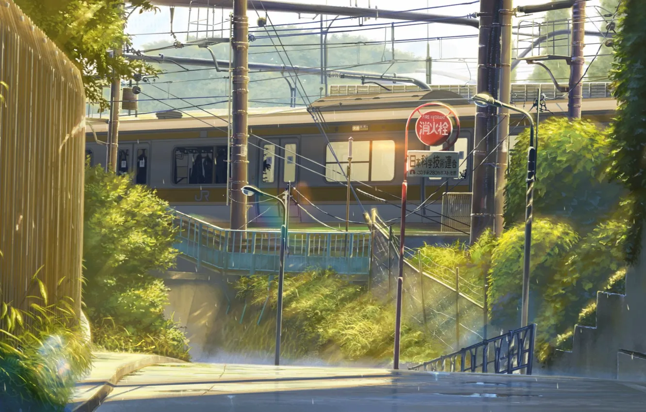 Photo wallpaper Grass, Trees, Street, Morning, Train, Lights, Anime, Grass