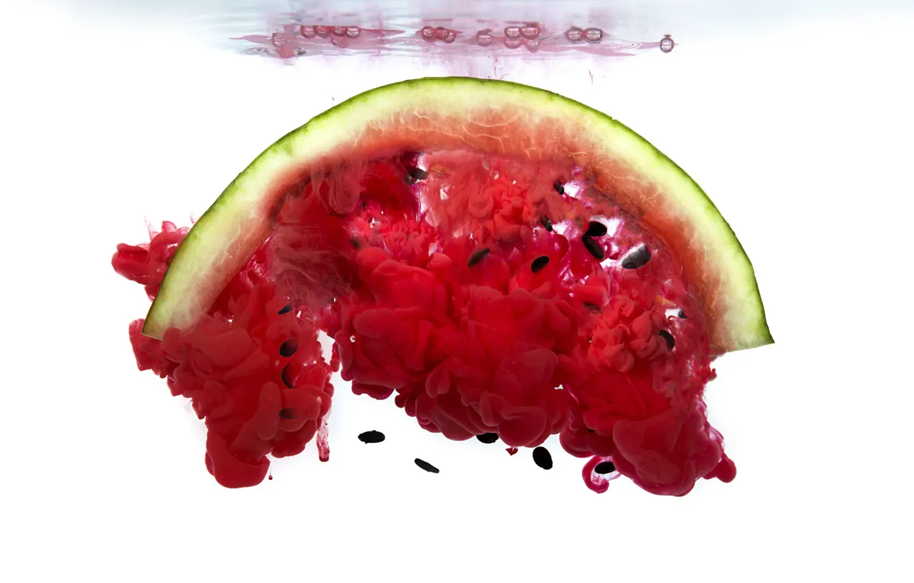 Photo wallpaper water, red, bubbles, paint, watermelon, white background, seeds, dissolution