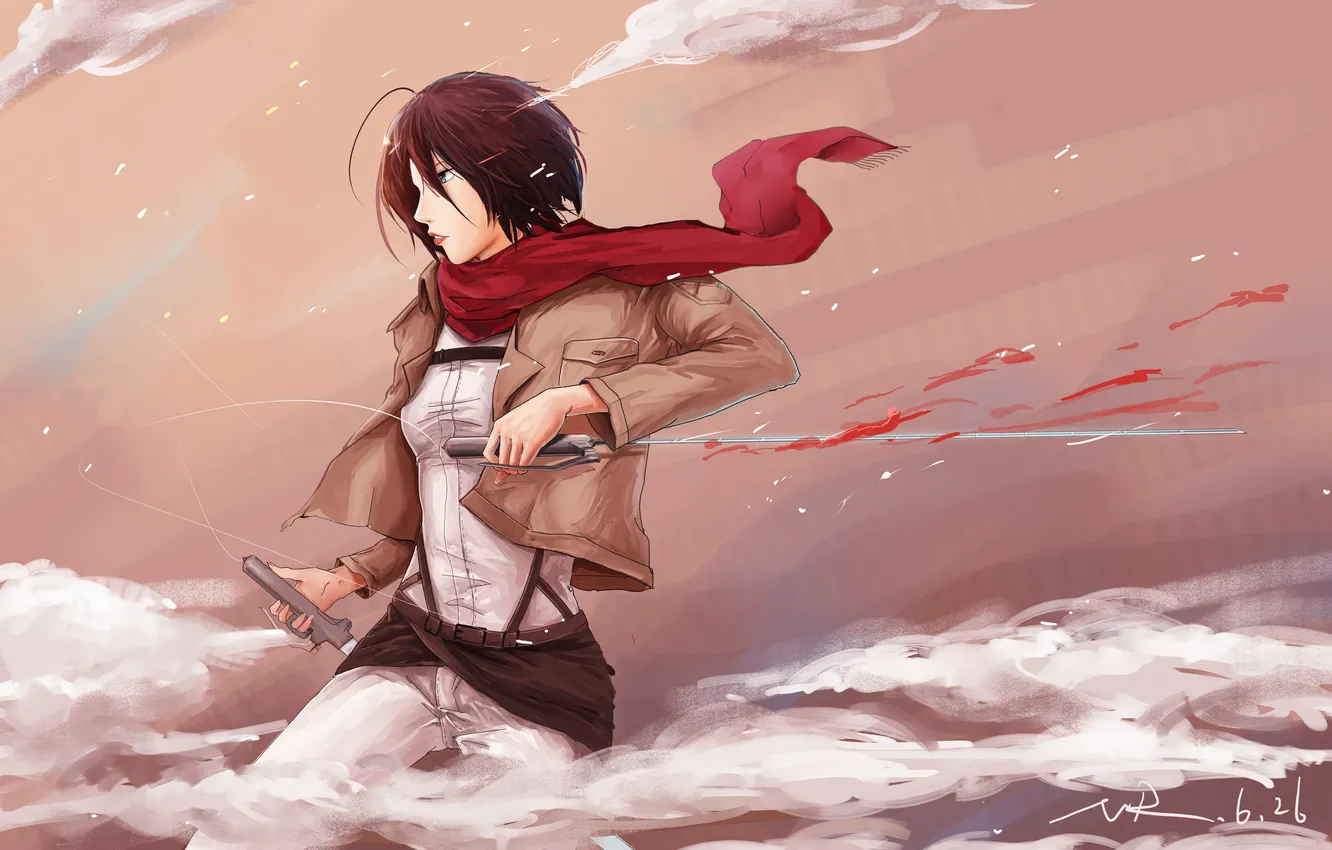 Photo wallpaper girl, blood, smoke, scarf, soldiers, form, art, blade