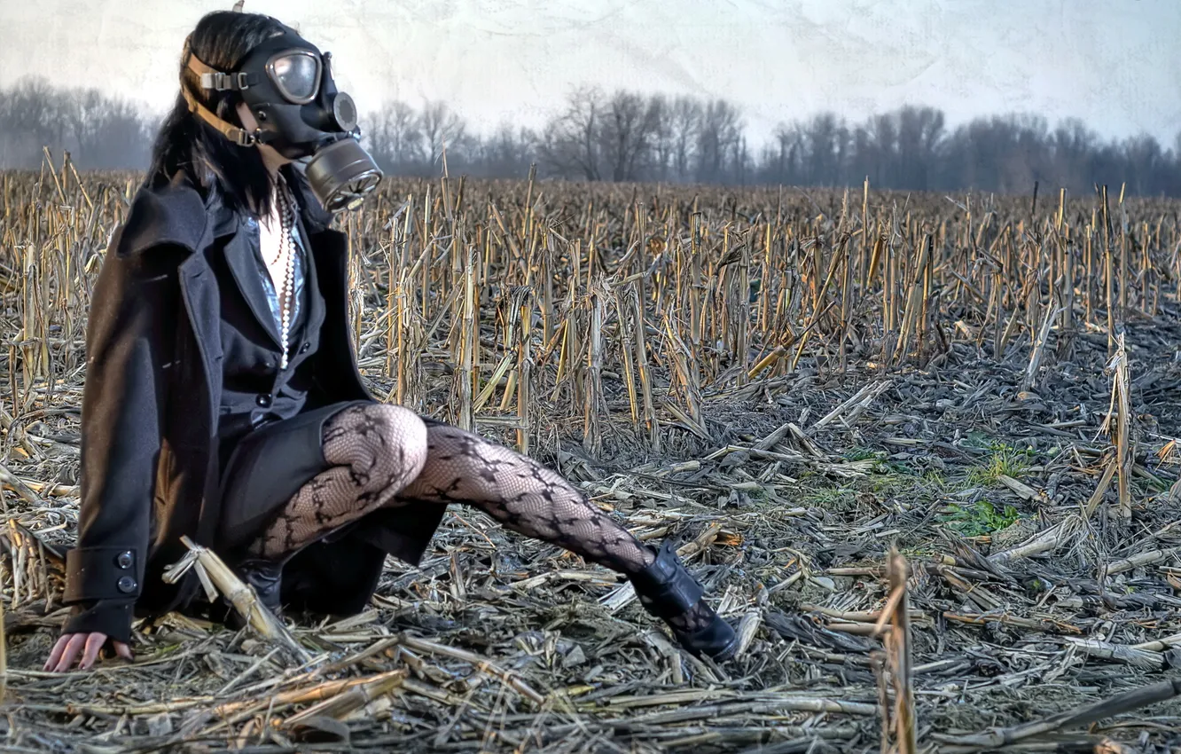 Photo wallpaper field, girl, style, background, gas mask