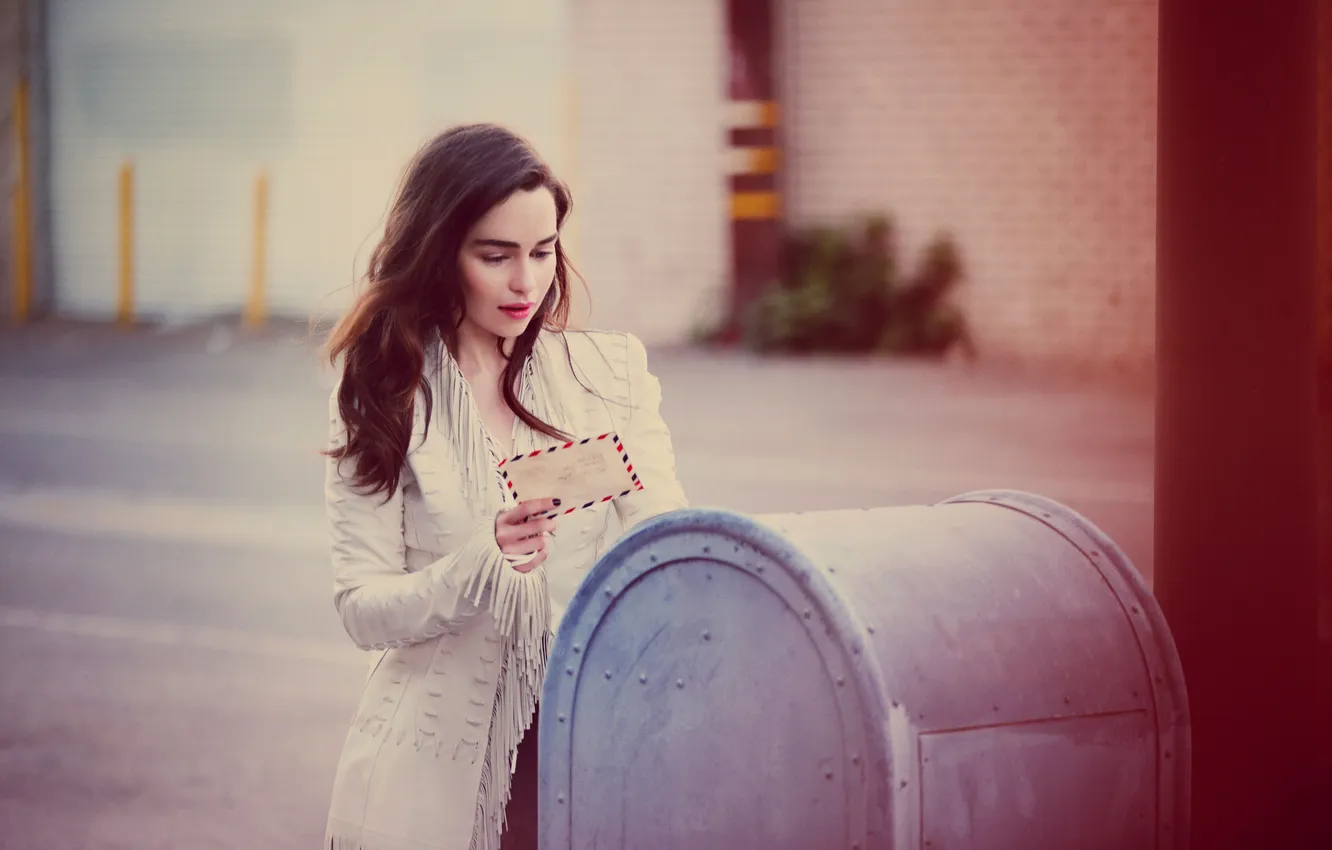 Photo wallpaper letter, street, dress, actress, brunette, photographer, box, in white