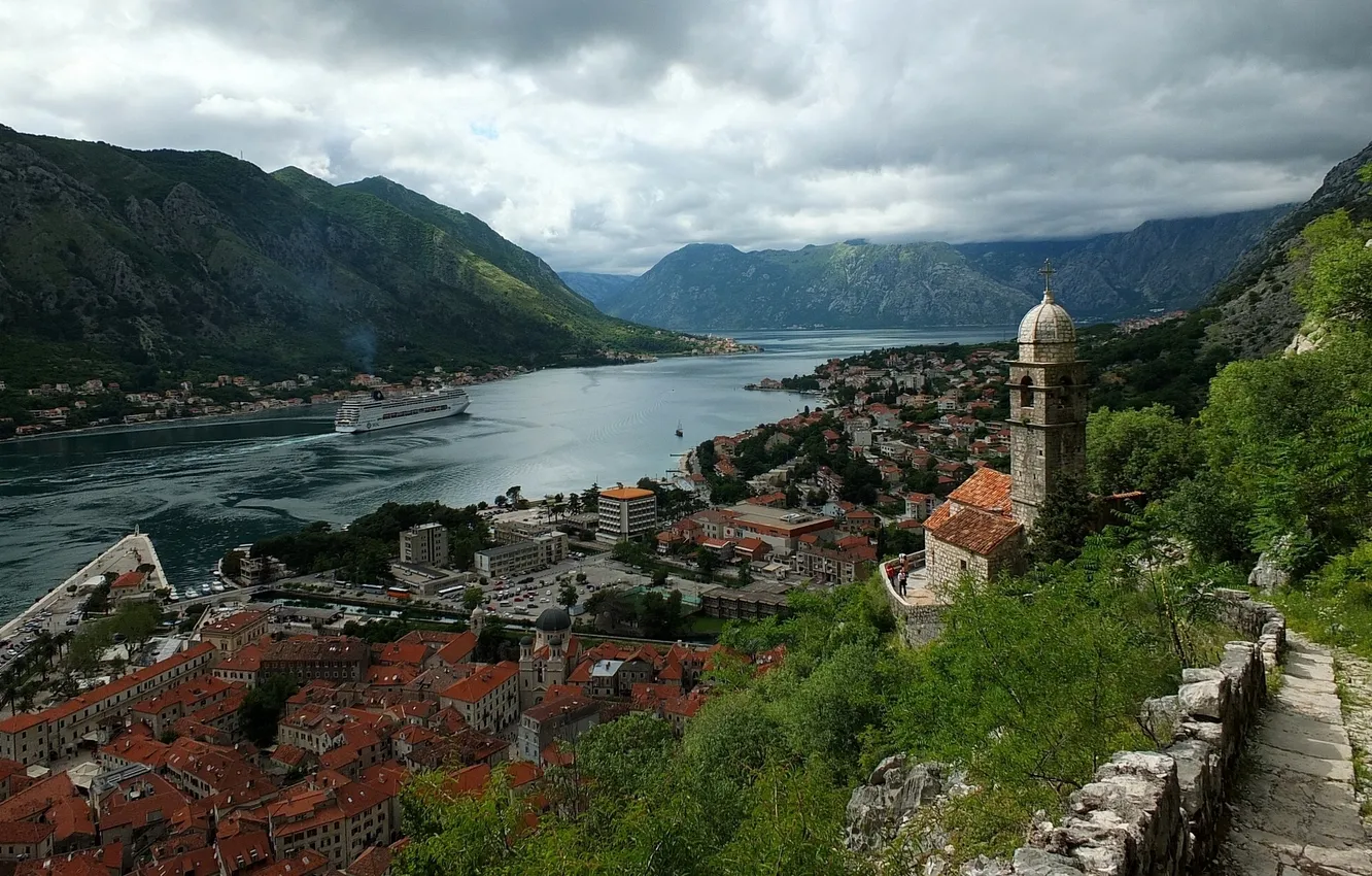 Photo wallpaper landscape, mountains, Church, panorama, liner, Montenegro, To, Montenegro