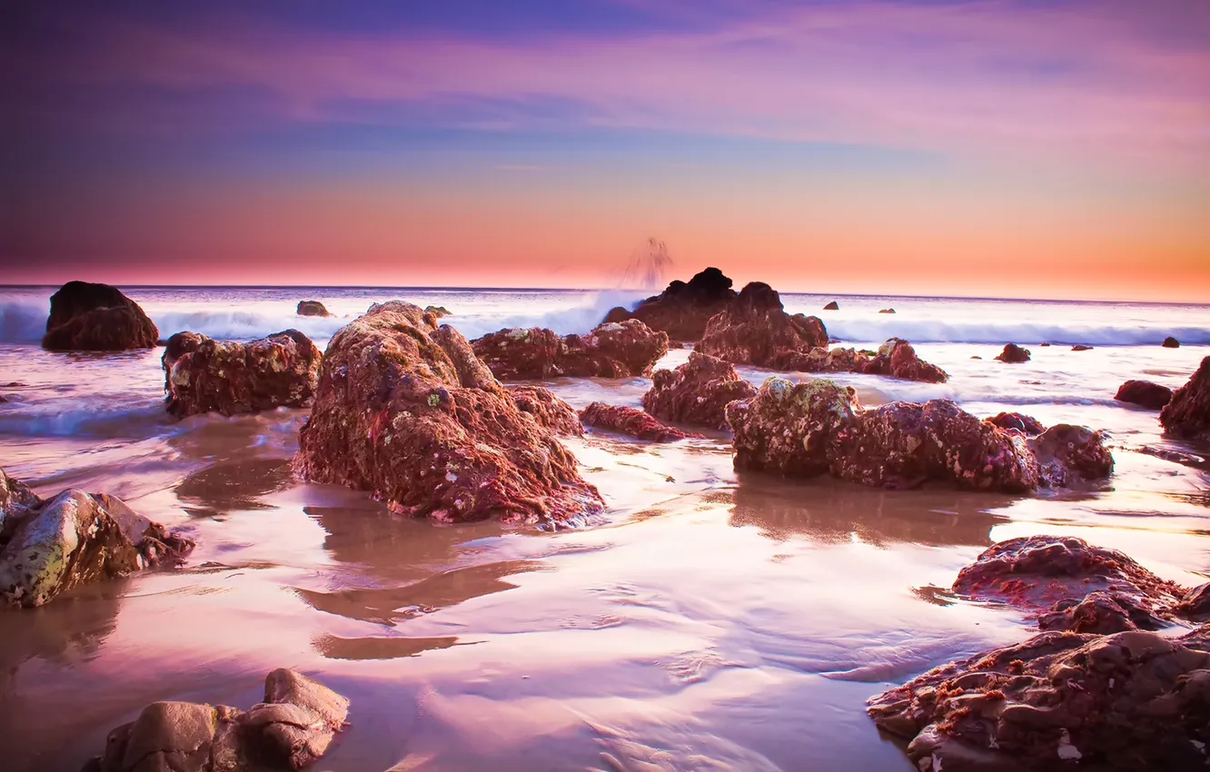 Photo wallpaper sea, sunset, stones, pink