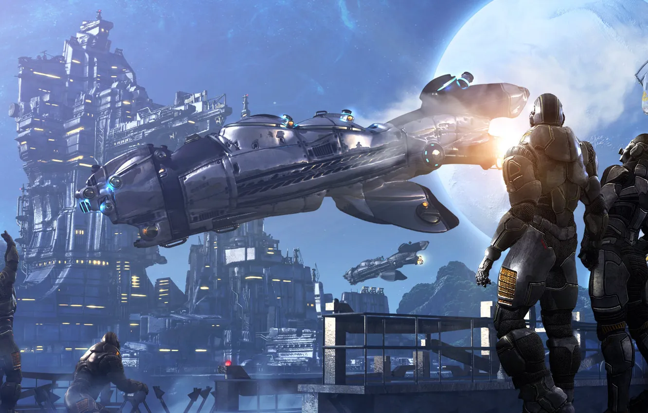 Photo wallpaper the moon, robot, the suit, pair, the spaceport, starship