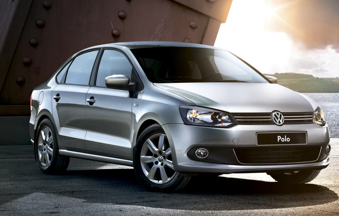 Photo wallpaper the sky, water, the sun, shore, sedan, the front, Volkswagen, Sedan