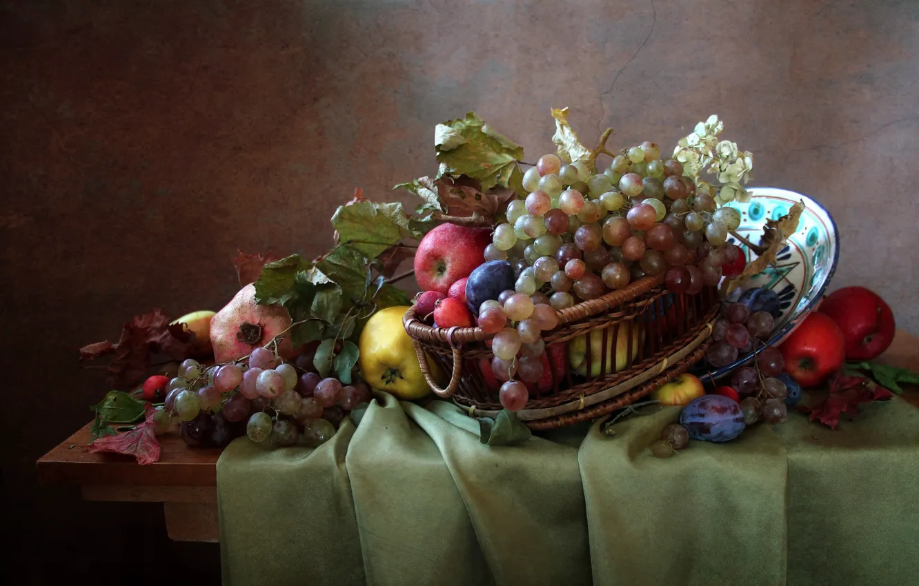 Photo wallpaper apples, grapes, fruit, plum, garnet, quince