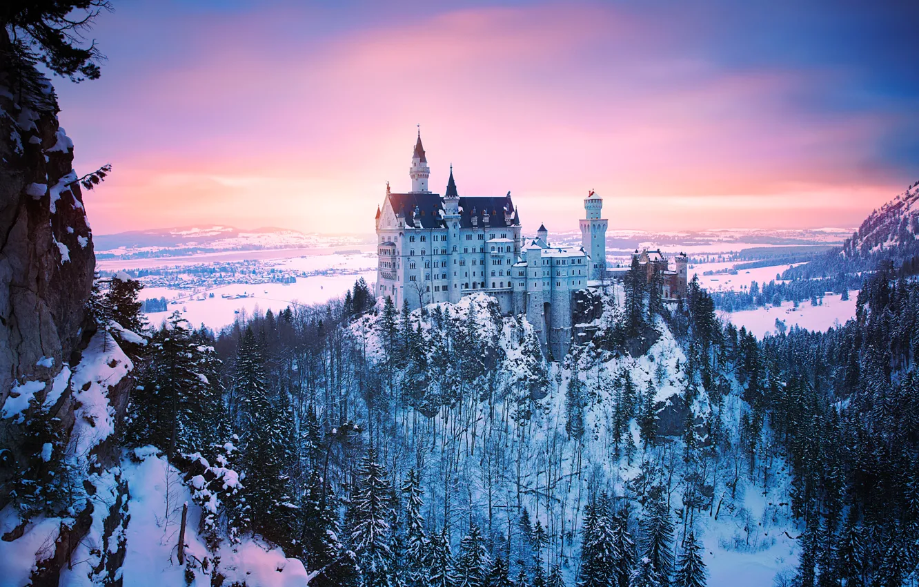 Photo wallpaper winter, light, snow, Germany, Bayern, Neuschwanstein castle