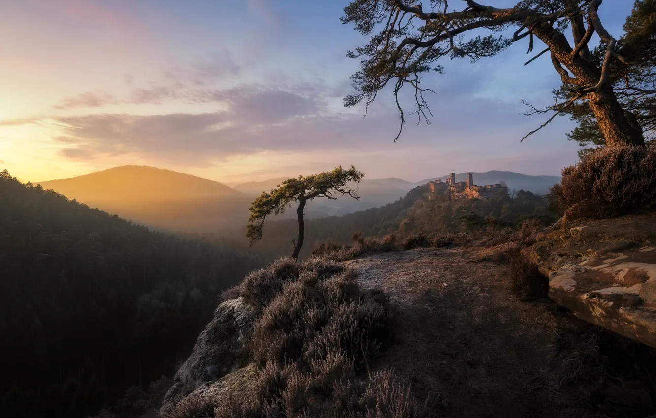 Photo wallpaper clouds, light, trees, mountains, ruins