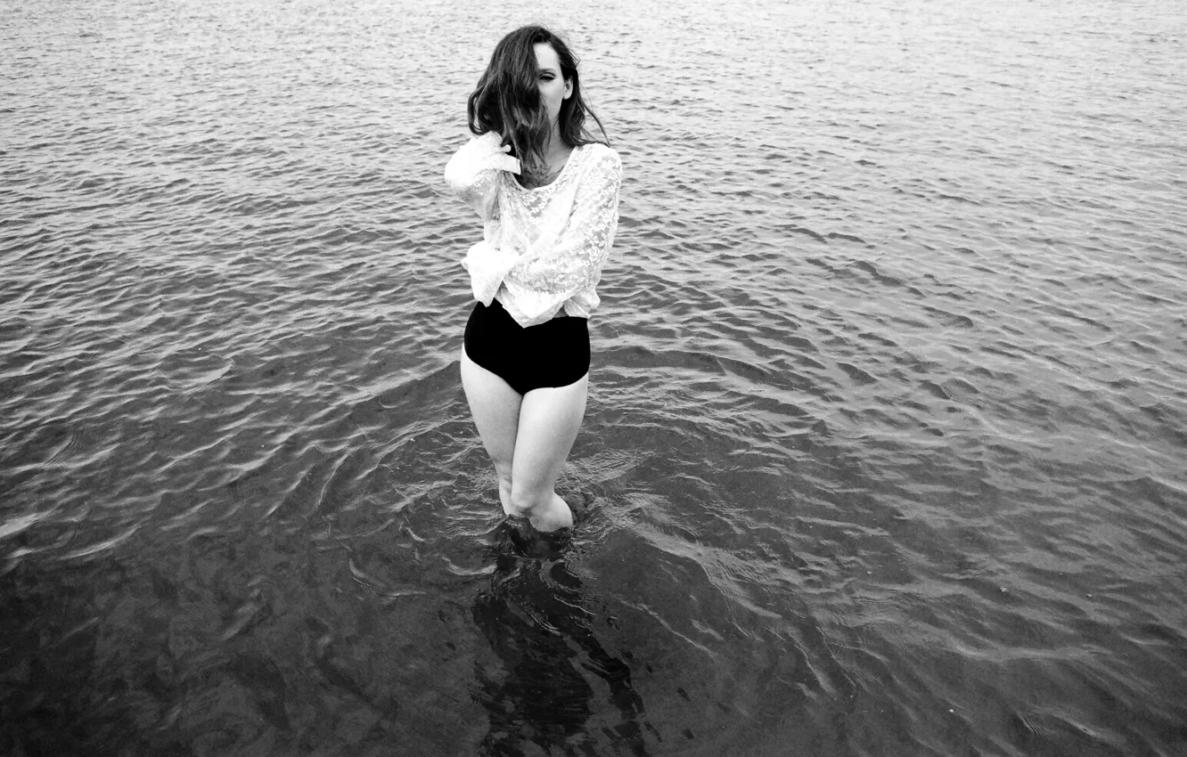 Photo wallpaper girl, blouse, river, legs, woman, water, model, black and white