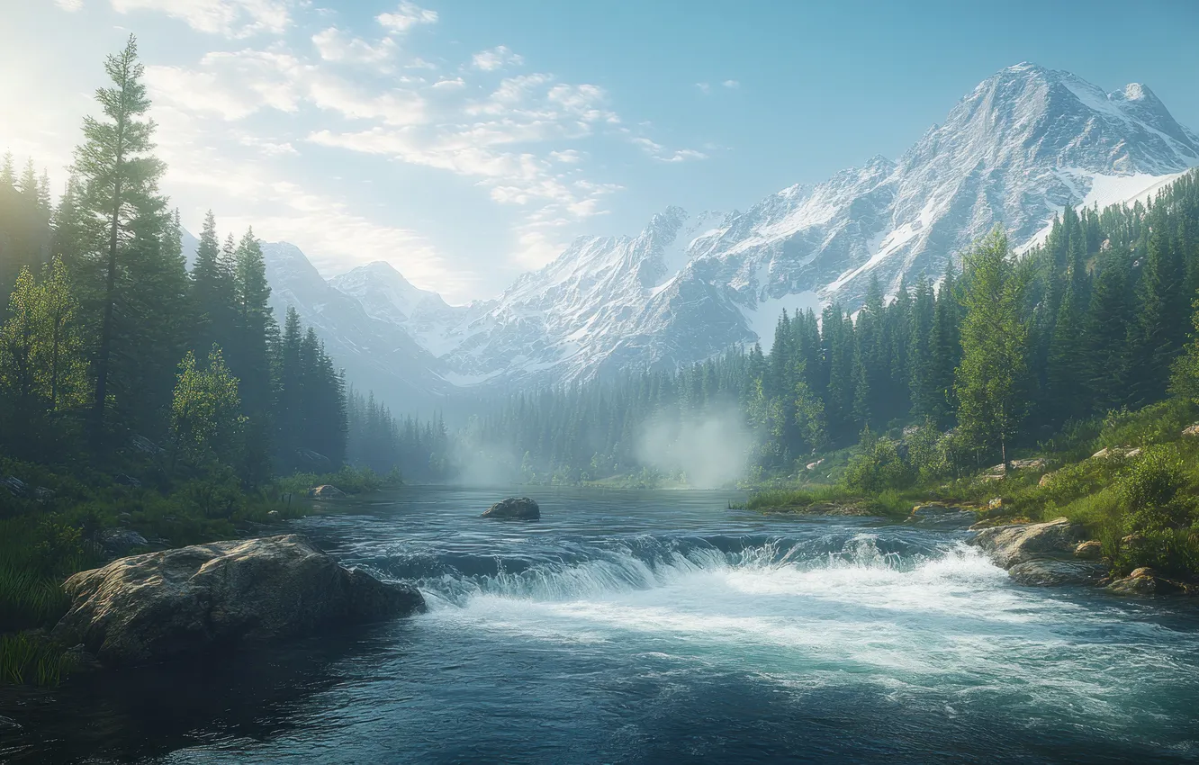 Photo wallpaper forest, clouds, light, snow, trees, mountains, fog, river