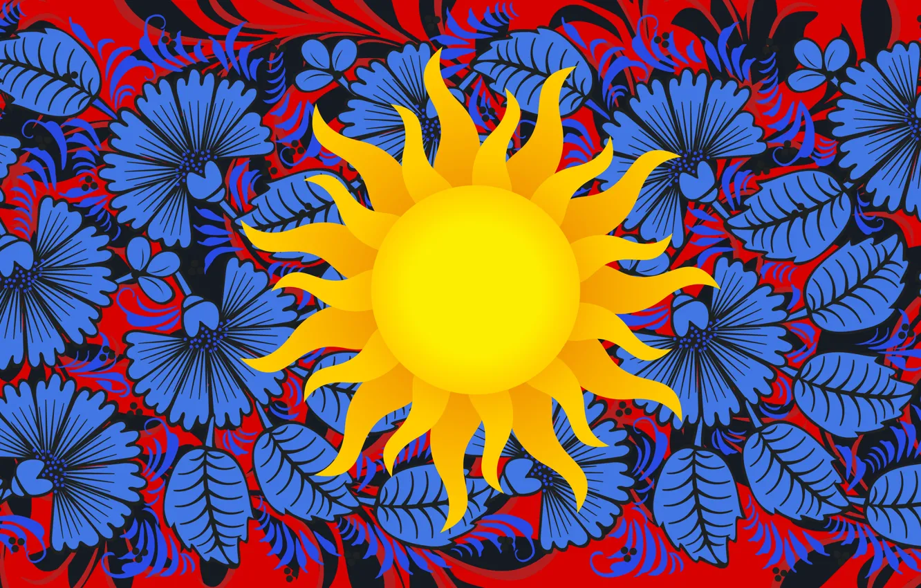 Photo wallpaper the sun, flowers, style, background, art, painting, Khokhloma, Khokhloma painting
