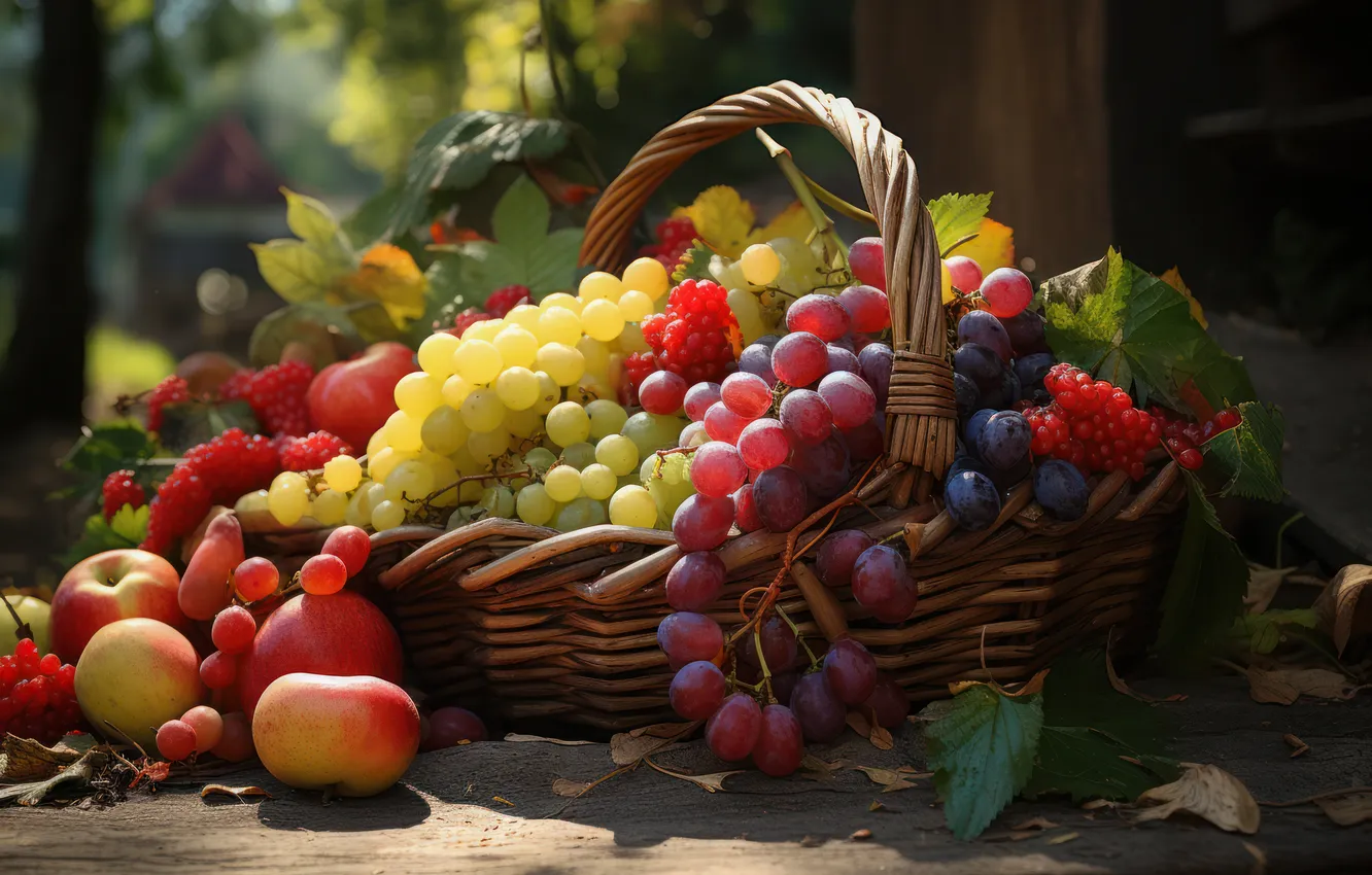 Photo wallpaper apples, grapes, fruit, basket