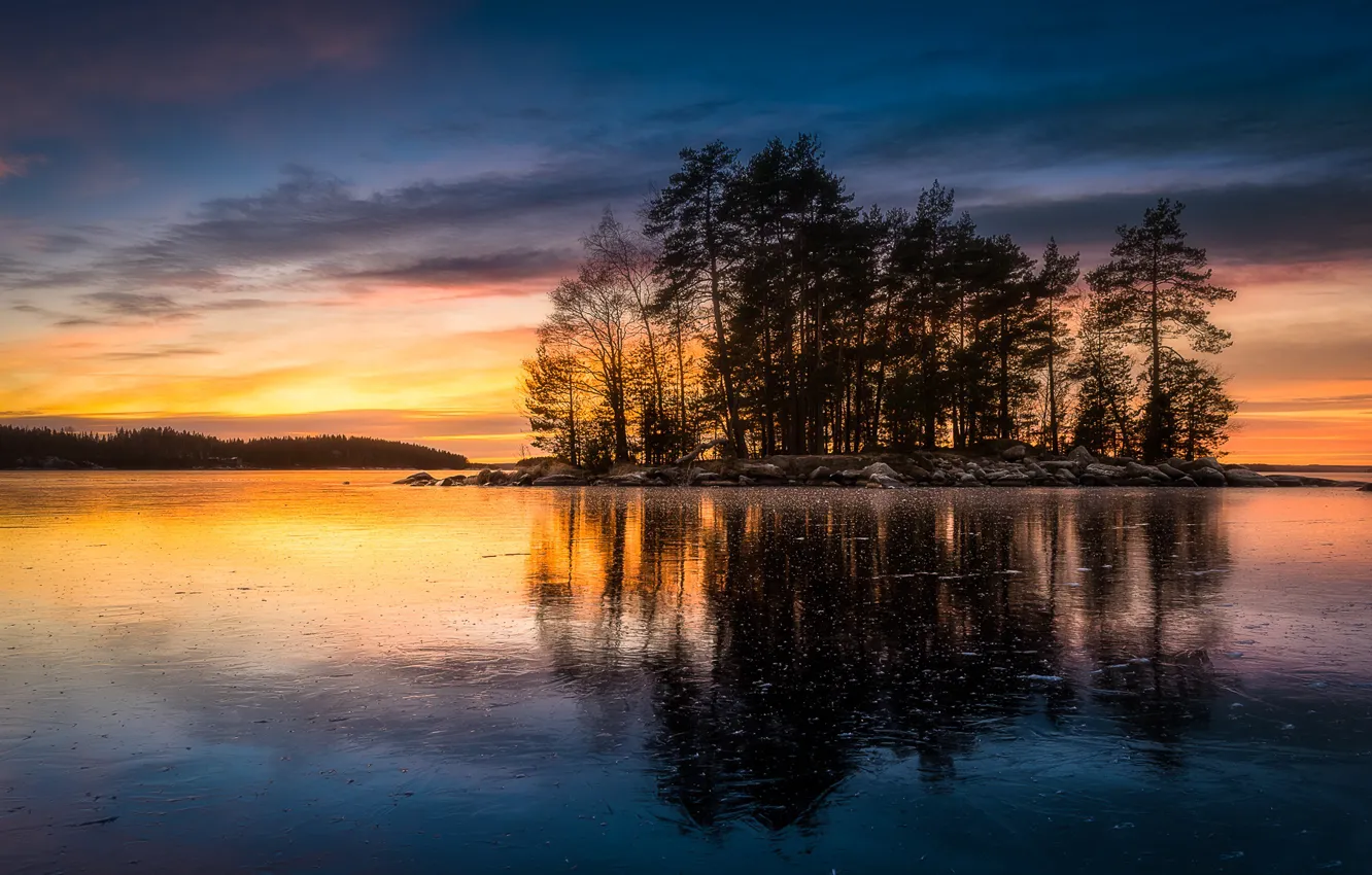 Photo wallpaper trees, sunset, lake, reflection, island, Finland, Finland, Tampere