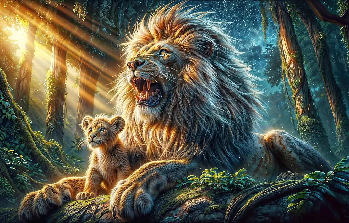 Photo wallpaper forest, rays, Leo, lion