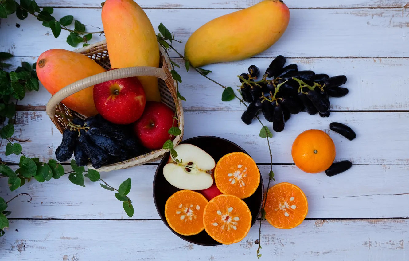 Photo wallpaper apples, fruit, fresh, wood, fruits, papaya, tangerines