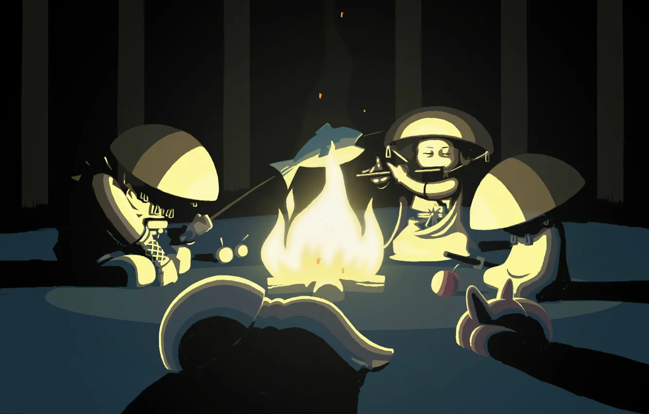 Photo wallpaper night, the fire, flute, dinner, halt, Mini Ninjas