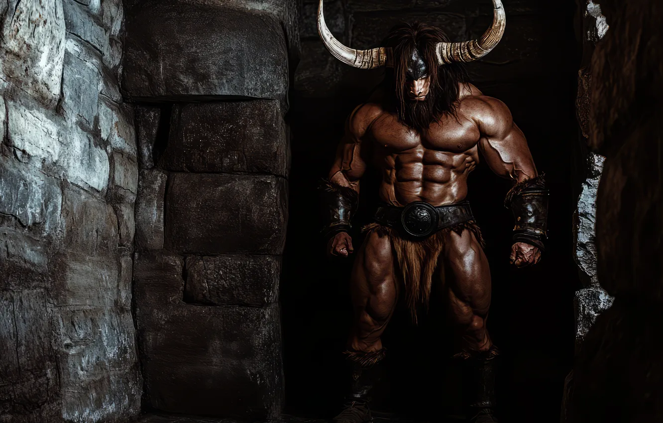 Photo wallpaper monster, front, the Minotaur, digital art, mythology, AI art, The Art of Artificial Intelligence, The …