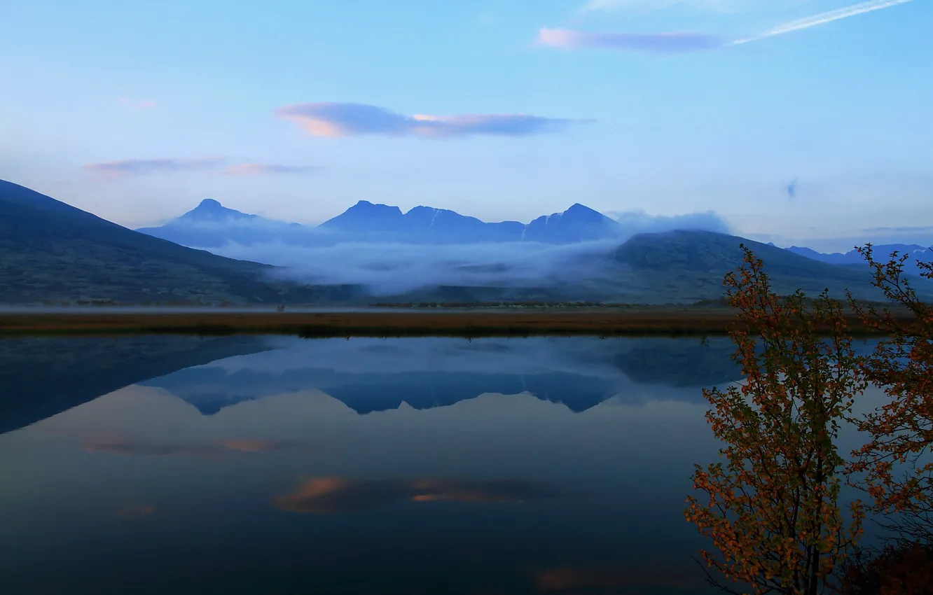 Photo wallpaper mountains, lake, surface, reflection, Norway, Hedmark County