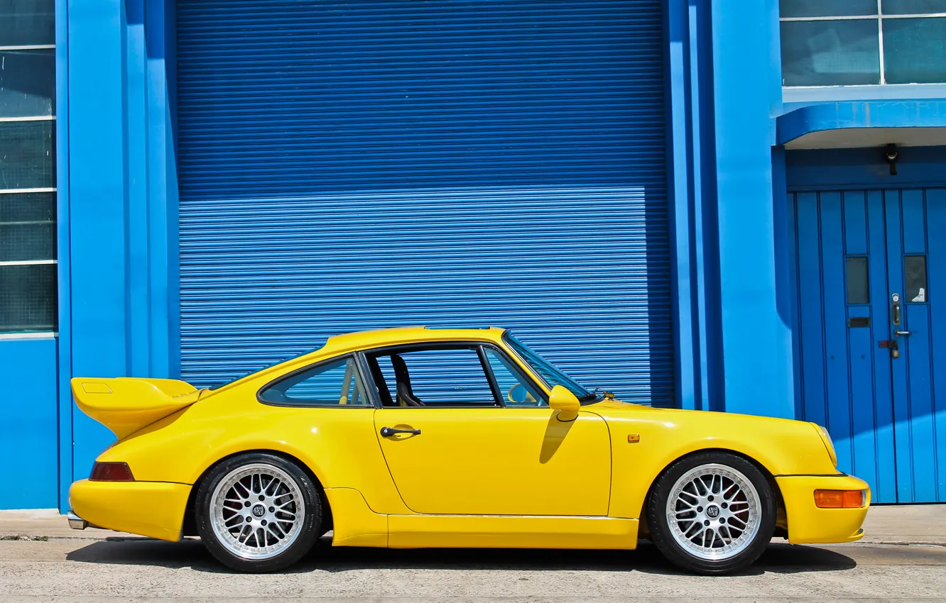 Photo wallpaper yellow, the building, Porsche, Porsche, yellow, 964, building