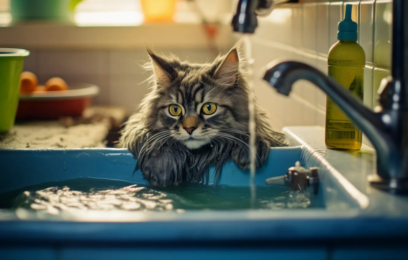 Photo wallpaper cat, cat, look, water, light, pose, wet, crane