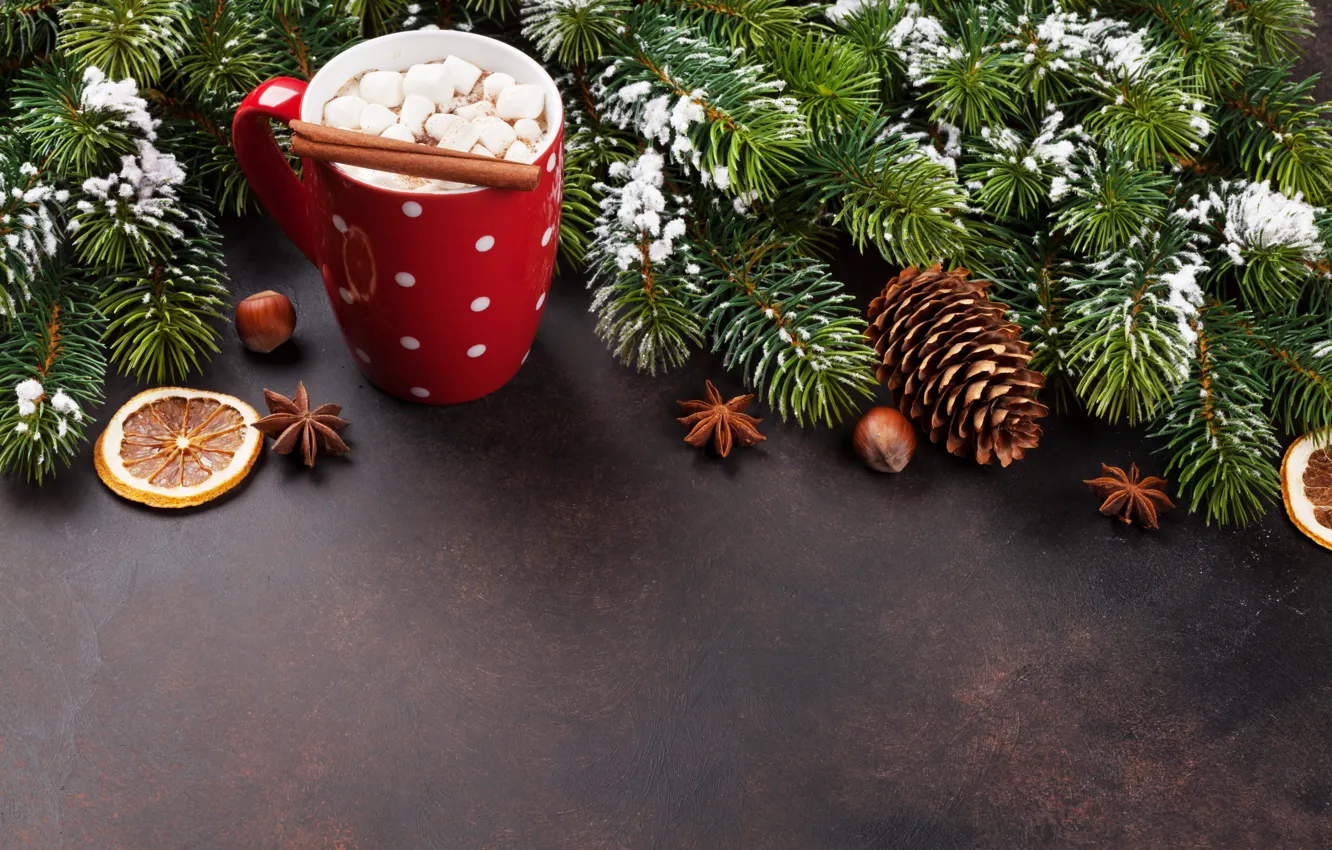 Photo wallpaper decoration, tree, New Year, Christmas, Cup, Christmas, cup, chocolate