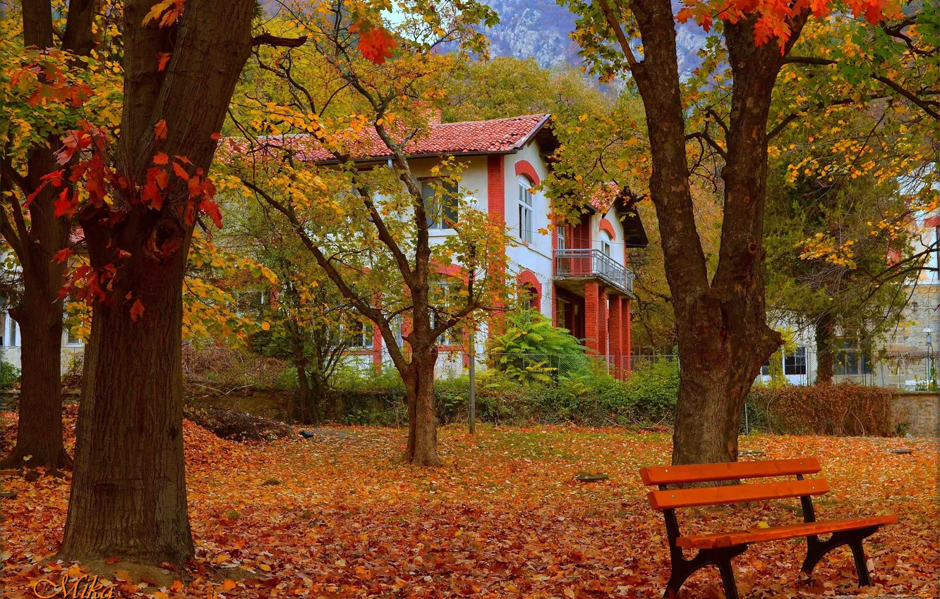 Photo wallpaper Autumn, Bench, House, Park, Fall, Foliage, Park, Autumn