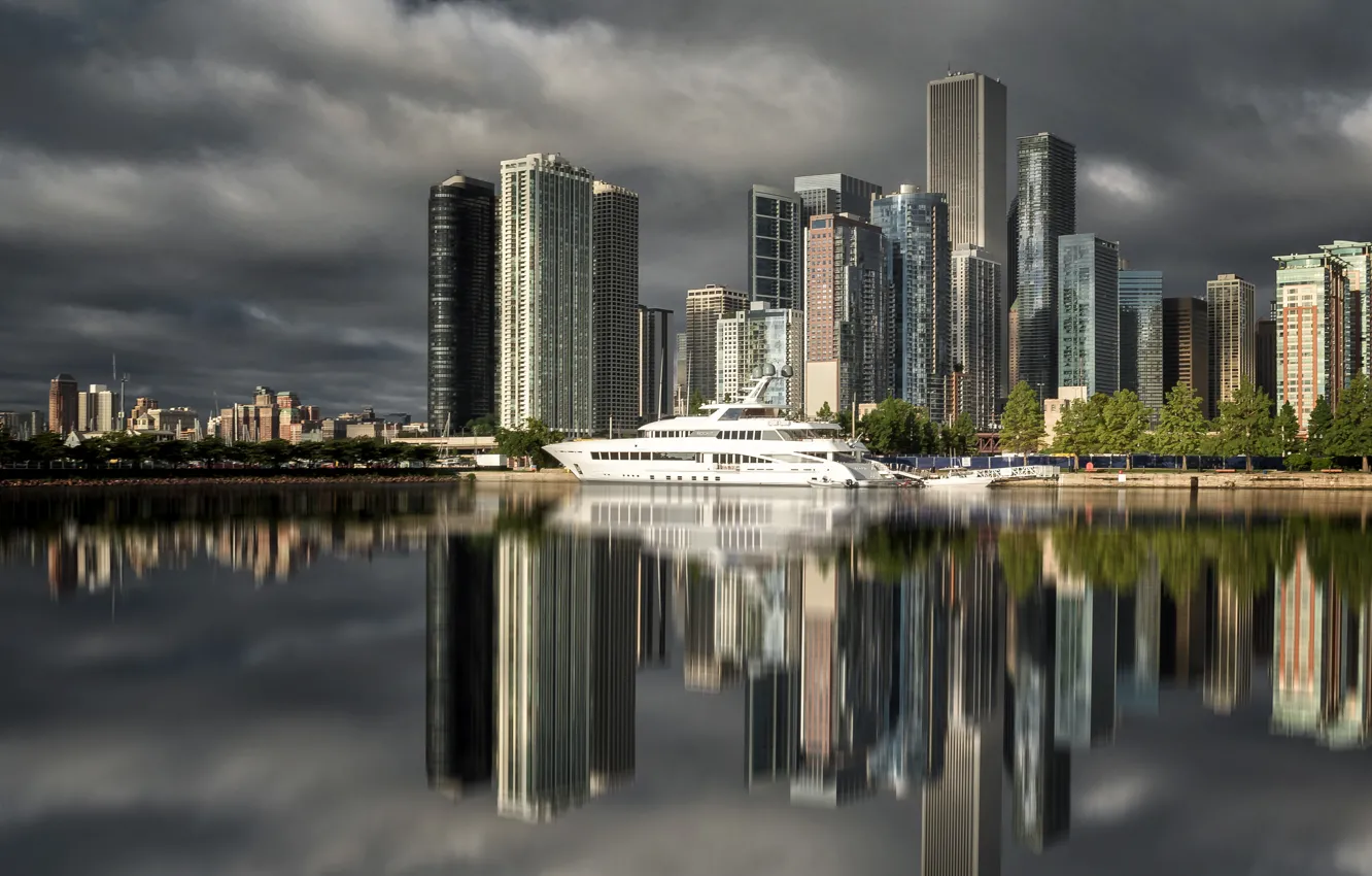 Photo wallpaper water, clouds, the city, reflection, building, home, yacht, Chicago