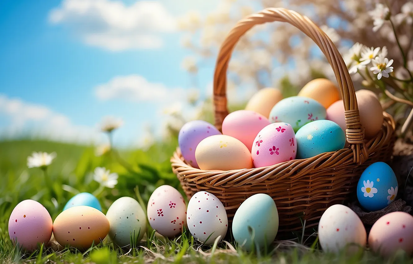 Photo wallpaper flowers, eggs, spring, colorful, Easter, happy, flowers, spring