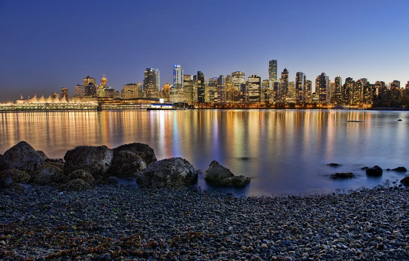 Photo wallpaper the city, lights, river, home, the evening, morning, Vancouver