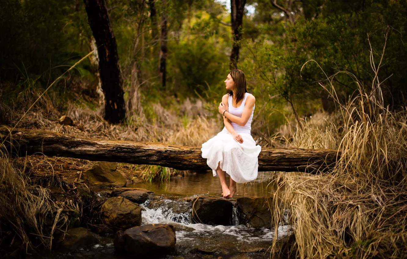 Photo wallpaper forest, girl, calm, girl, forest, serenity, white clothes, white clothes