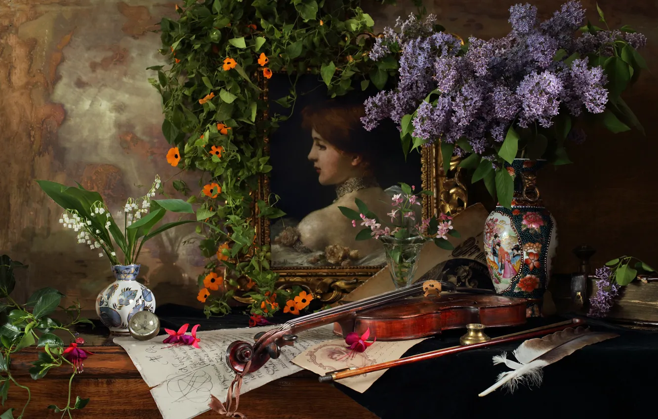 Photo wallpaper flowers, style, notes, violin, picture, feathers, vase, still life