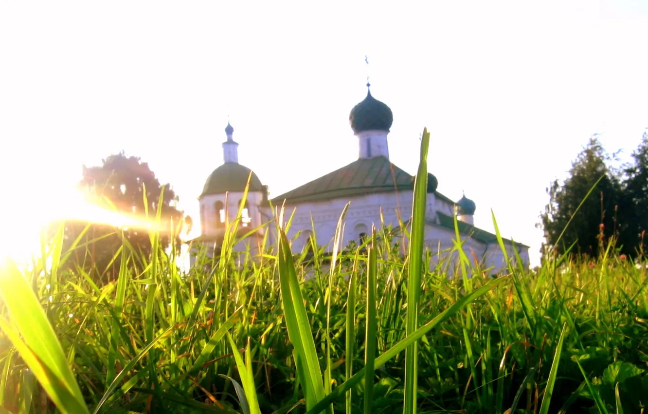 Photo wallpaper grass, the sun, Church