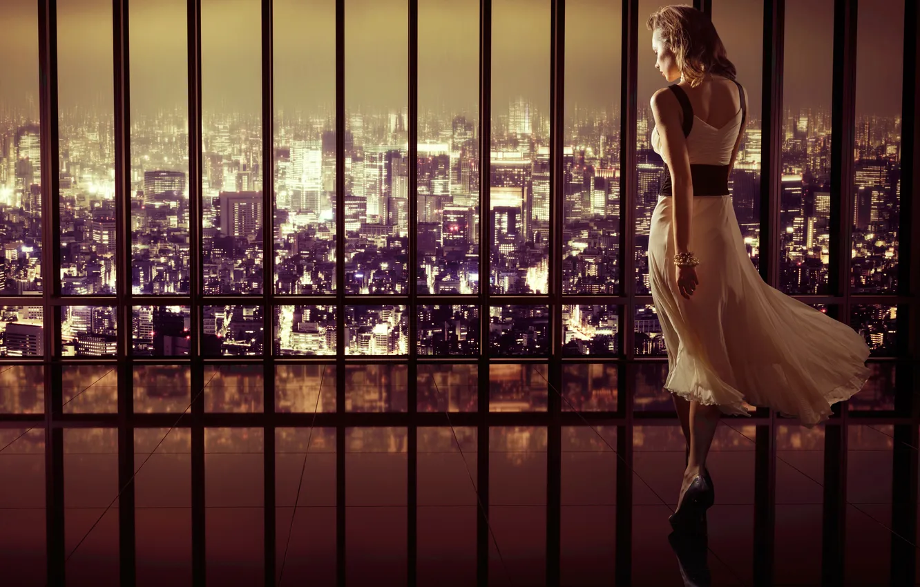 Photo wallpaper girl, the city, reflection, hair, back, shoes, heels, long dress