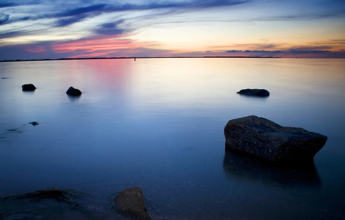 Photo wallpaper sea, the sky, water, landscape, nature, lake, surface, stones