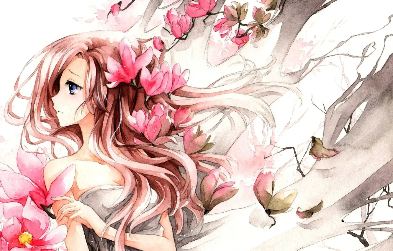 Photo wallpaper girl, flowers, figure, pink, Magnolia