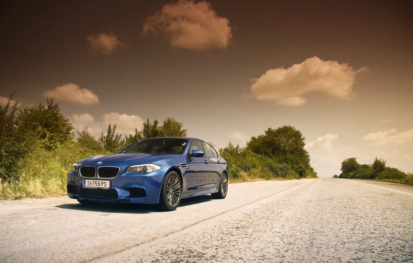 Photo wallpaper road, the sky, clouds, BMW, BMW, blue, blue, F10