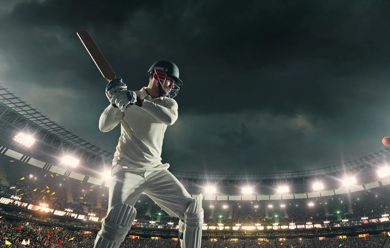 Photo wallpaper field, cricket ball, cricket field, cricket player, cricketer, cricket bat