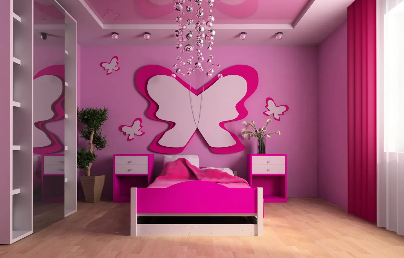 Photo wallpaper pink, bed, children's