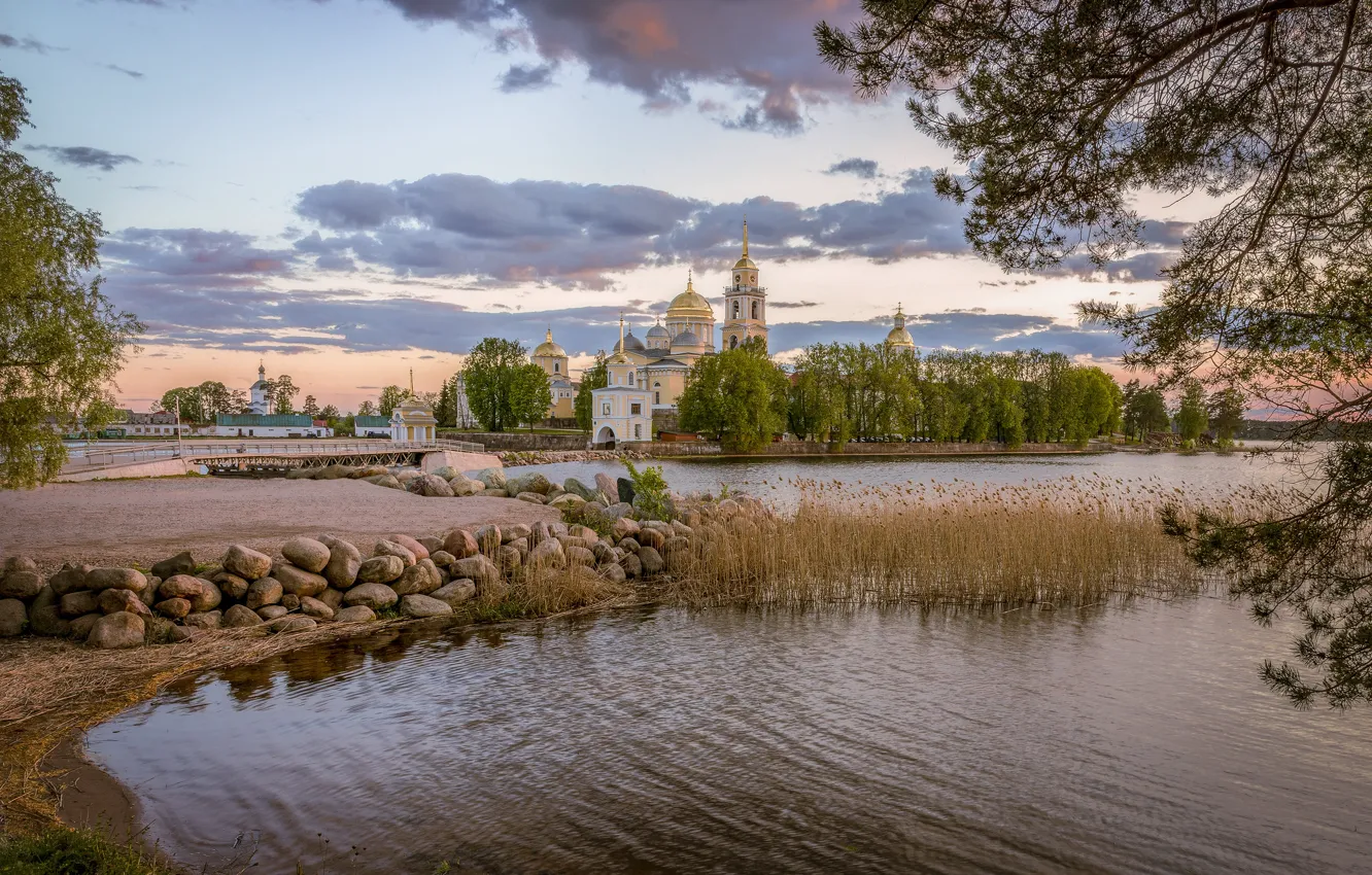 Photo wallpaper landscape, nature, lake, stones, the monastery, Seliger, Elena Guseva