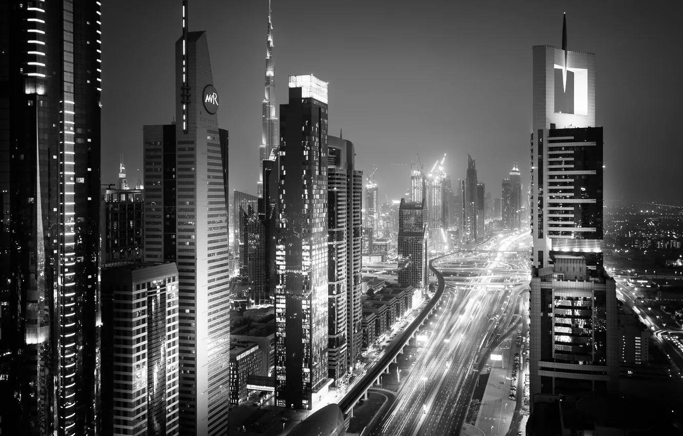 Photo wallpaper light, night, the city, lights, Dubai, UAE, black and white photo