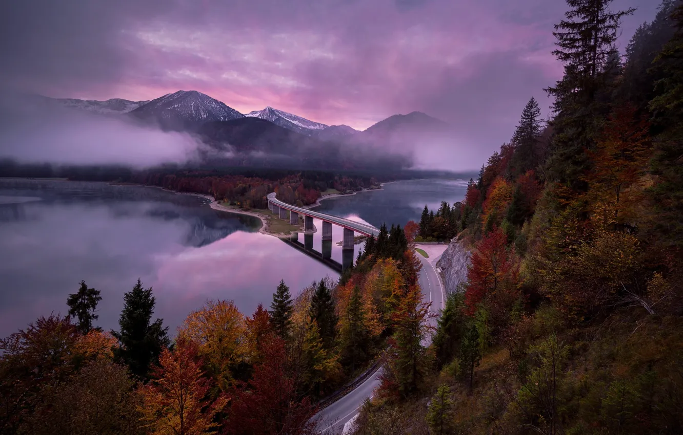 Photo wallpaper road, autumn, the sky, mountains, clouds, bridge, nature