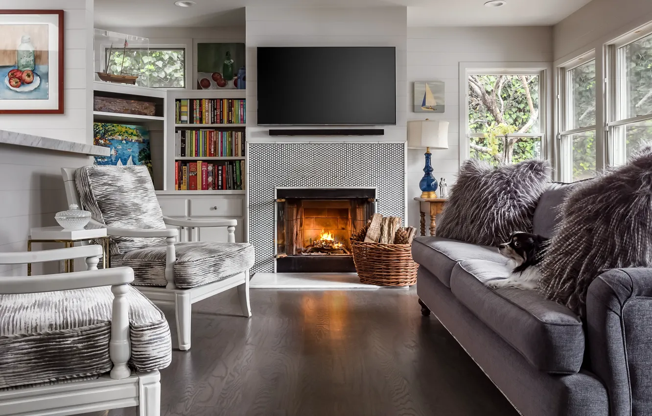 Photo wallpaper sofa, chair, fireplace, living room