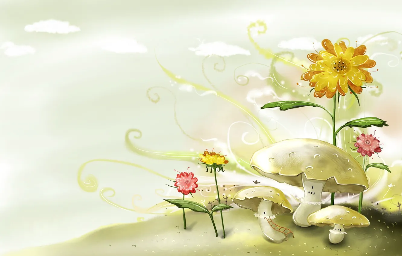 Photo wallpaper flowers, figure, mushrooms