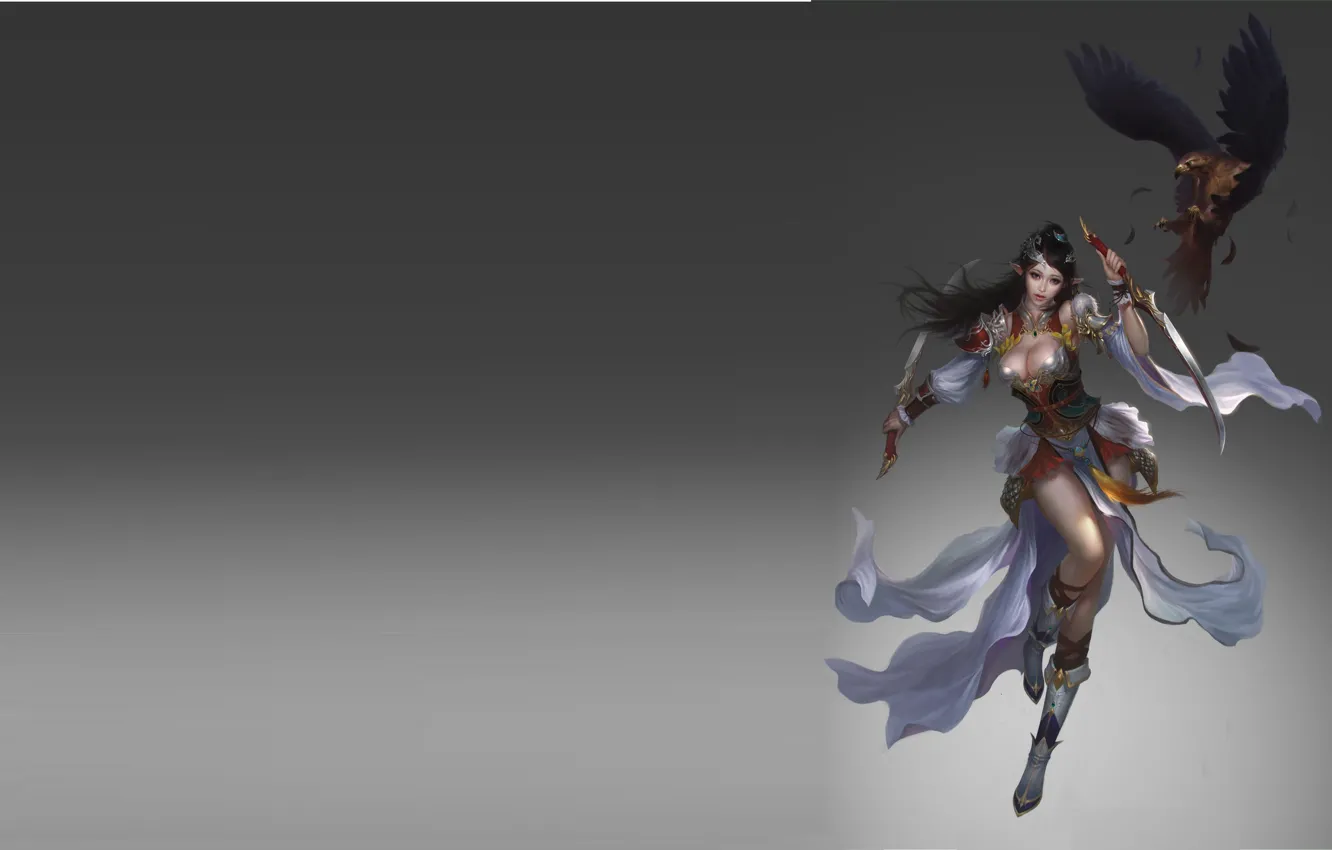 Photo wallpaper girl, fantasy, weapons, bird, eagle, the game, art, assassin