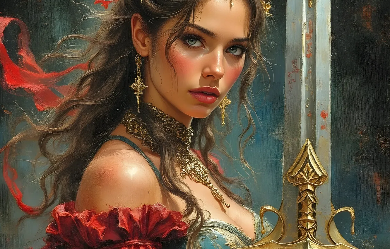 Photo wallpaper chest, girl, pose, sword, fantasy, brown hair, warrior, flowing hair