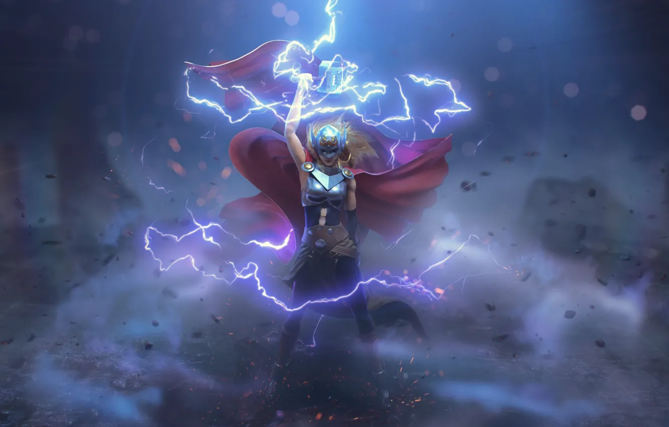 Photo wallpaper girl, fantasy, Marvel, blonde, digital art, Thor, artwork, mask